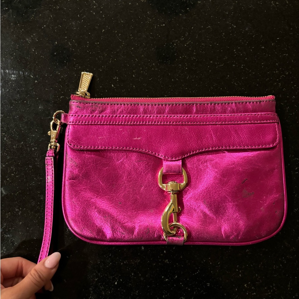 Rebecca Minkoff Barbie metalic pink clutch wristlet - used - zipper works